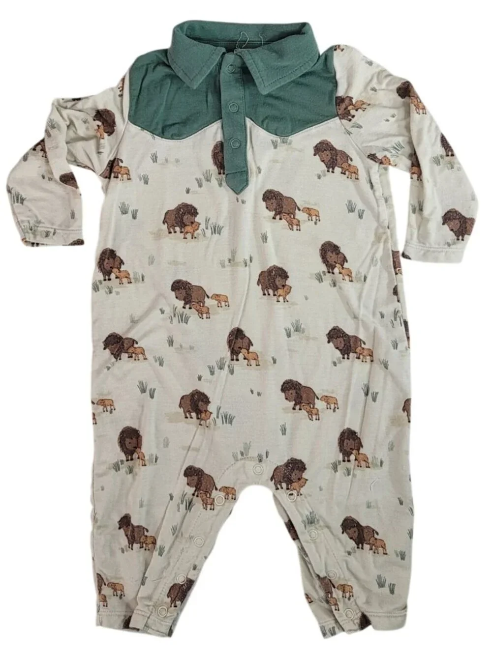 Angel Dear One Piece Romper Green Cream 3-6M Lion Cub Snaps Long Sleeve Bamboo